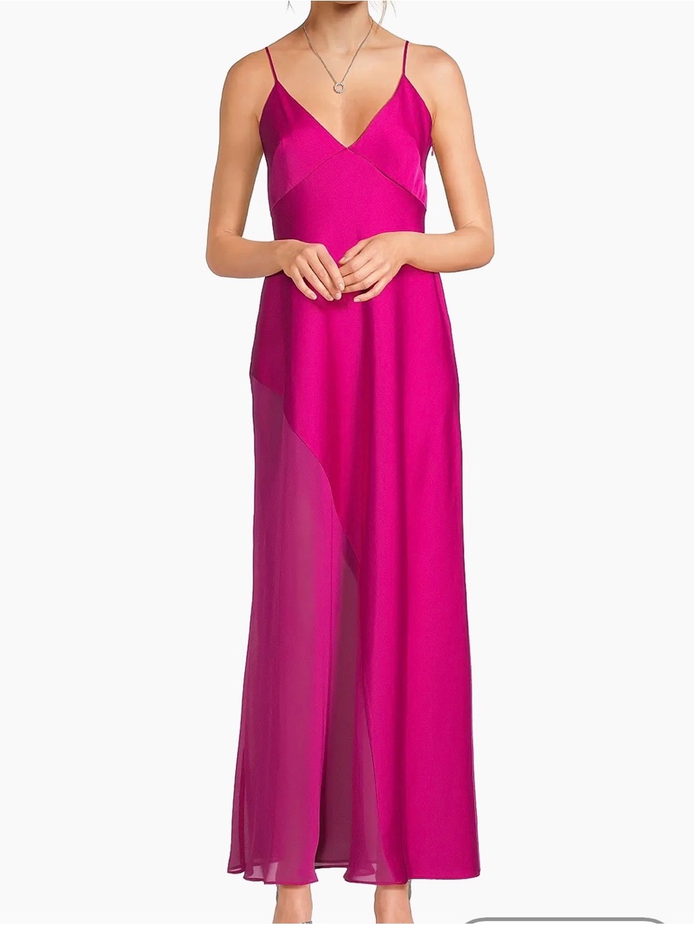 Liv Foster Fuchsia formal Slip Maxi Dress with Spaghetti Straps And mesh panel
